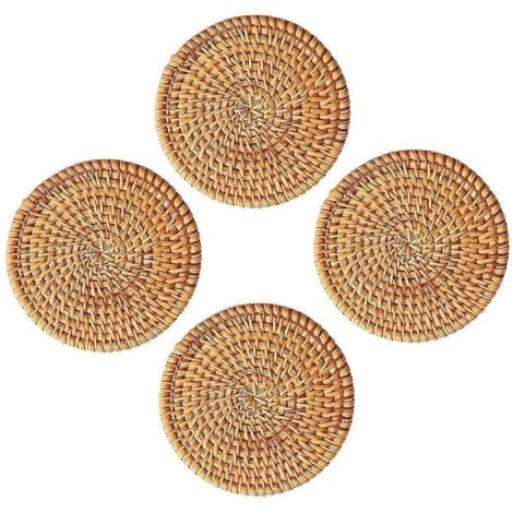 Set de table rond tissé, lot de 4, en rotin, style vintage, antidérapant, résistant à la chaleur et isolant. (1/5)