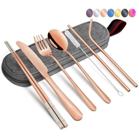 Ensemble de couverts - Ensemble de couverts de voyage et de camping - Ustensiles portables en acier inoxydable 304 avec étui, idéal pour le déjeuner, l'école, le camping ou le bureau (couleur or). (1/5)