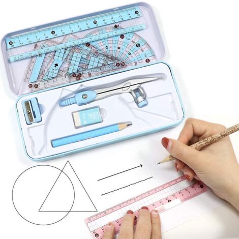Ensemble de géométrie 8 pièces pour élèves avec boîte de rangement incassable, comprenant une règle, un rapporteur, un compas, un crayon et un taille-crayon. (1/4)