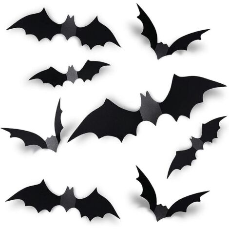 Lot de 60 chauves-souris 3D décoratives pour Halloween 2020 (version améliorée), 4 tailles différentes, autocollants chauve-souris noires réalistes en PVC pour la décoration intérieure et extérieure ( (1/5)