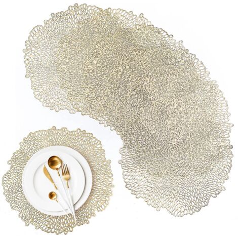 Set de 6 sets de table ronds dorés 2024, en PVC résistant à la chaleur et lavable, pour la décoration de la cuisine. (1/5)