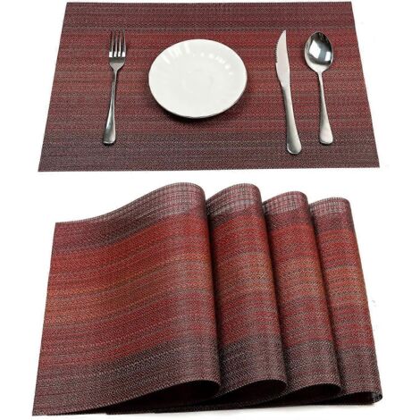 Ensemble de sets de table pour salle à manger, sets de table en vinyle tissé plastique, faciles à nettoyer, antidérapants, résistants à la chaleur et lavables (A-Rouge, 6) (1/5)