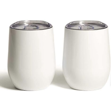 Gobelet isotherme à double paroi de 35 cl avec couvercle. Gobelet isotherme sans pied en acier inoxydable pour vin, café et autres boissons chaudes ou froides (blanc, lot de 2). (1/2)