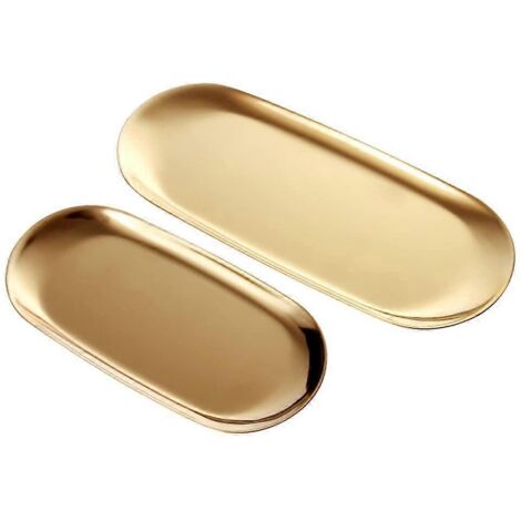 Plateau doré 2 pièces, plateau à bijoux en acier inoxydable, vide-poches ovale, assiette de rangement pour serviettes, plateau à thé et fruits, organisateur de cosmétiques, vaisselle de Ramadan, 2 tai (1/5)