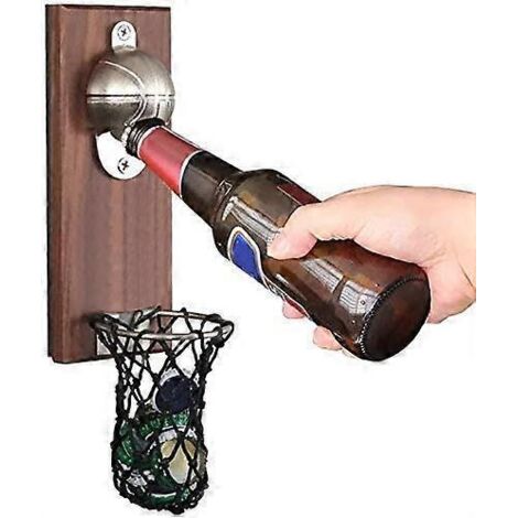 Ouvre-bouteille en forme de ballon de basket avec aimant de réception mural - Fonte, style vintage, bois, accessoire tendance et original pour la cuisine (Bois, 7,9) (1/5)