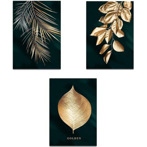 Affiche artistique en 3 feuilles, idéale pour le salon, motif feuille de palmier dorée, à accrocher. (1/5)