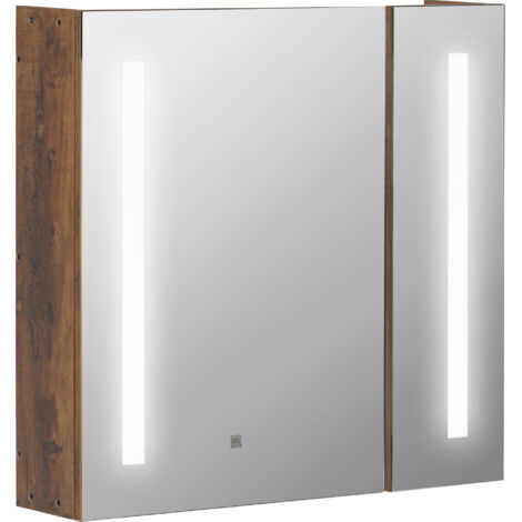 Miroir de salle de bain avec lumières LED réglables, 2 portes et étagère ajustable, 70x15x65cm, Brun (1/5)