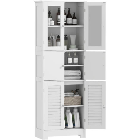 Armoire de Salle de Bain Mobile, 3 Placards, Portes Vitrées et Persiennes, 60x30x170.5cm, Blanc (1/5)