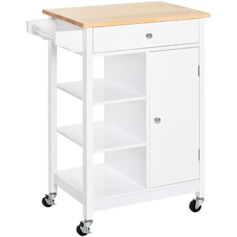Chariot de Cuisson Compact en MDF avec Plan de Travail en Bois d'Hévéa, Tiroir, Armoire, 3 Tablettes, Étagères Réglables, Porte-Chiffons et Roulettes Pivotantes, 66x39.5x86.5cm, Blanc (1/5)