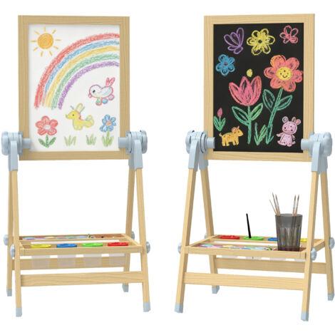 Tableau en bois pour enfants, tableau blanc et ardoise double face réglable en hauteur avec rouleau de papier, étagère, naturel (1/5)