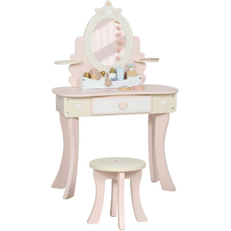 Table de maquillage enfant avec chaise, tiroir et miroir amovible, bureau enfant 2-en-1 avec 7 accessoires, MDF rose (1/5)