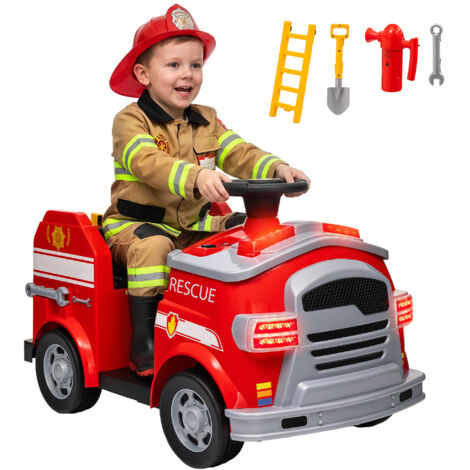 Camion de pompiers électrique enfant, max. 3 km/h, sirène, gyrophare bleu, outils, pour enfants de 3 à 5 ans (1/5)