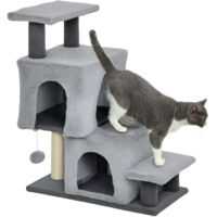 Échelle pour chat réglable 4 marches avec 2 niches, poteau à griffer et balle, gris