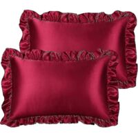Ensemble de 2 taies d'oreiller à volants de luxe, housse d'oreiller rétro en satin soyeux avec volant, taies d'oreiller en satin 85 g/m² avec fermeture enveloppe, tailles standard et queen, couleur bo