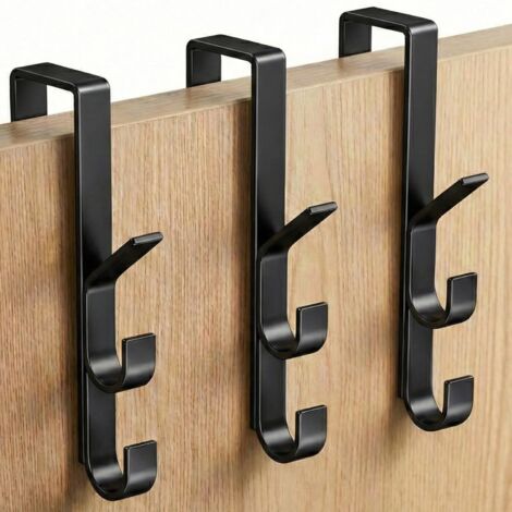 Lot de 3 Patères de Porte Suspendues (Total 9 Crochets) – Acier Carbone Renforcé – Porte Manteau Porte Sans Perçage Ultra-Plat (Fermeture Fluide) – Organisateur Vêtements & Sacs (Lot de 3 Noirs) (1/5)