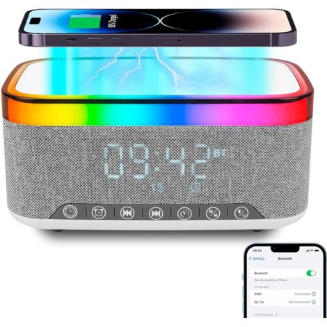 Lampe de Charge sans Fil, Reveil Chargeur Induction, Enceinte Bluetooth avec éclairage d'ambiance synchronisé avec la Musique, Réveil numérique,pour Chambre/Camping/décor de Salon (1/5)