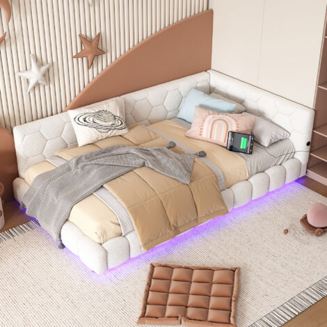 Tagesbett 90×200 cm, Einzelbett mit LED 16 Farben, USB, Typ C und Kopfteil, ohne Matratze, Samt Weiß