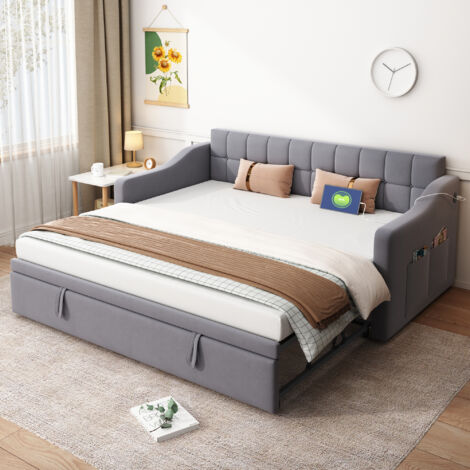 Bettsofa 2 Plätze, Einzelbett mit USB und Aufbewahrungstasche, 90×190 cm und 180×190 cm, ohne Matratze, Samt Grau