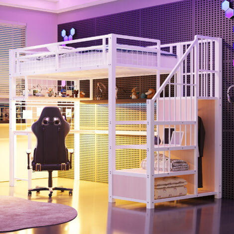 Hochbett 90×200 cm, Einzelbett mit LED Beleuchtung, Steckdosen, Regalen und Schreibtisch, ohne Matratze, aus Metall, Weiß