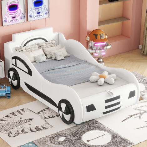 Kinderbett 90×200 cm, Einzelbett mit Bettkasten, Autodesign, ohne Matratze, aus PU und MDF, Weiß