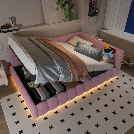 Schlafsofa 140×200 Tagesbett Daybett mit hydraulischem Hebemechanismus, mit LED-Lichtleiste,Jugendbett mit LED-Lichtleiste&USB-Anschluss,ohne Matratze, Rosa