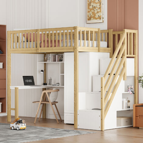 Hochbett 90 x 200cm Kinderbett Jugendbett mit Kleiderschrank Regal & Tisch,Bettrahmen mit Aufbewahrungstreppe,Holzfarbe+weiß(ohne Matratze)