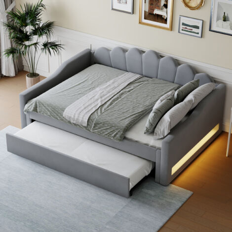 Tagesbett 140×200 cm, Doppelbett mit Ausziehbett, Verstellbarer LED und Gepolstertem Kopfteil, ohne Matratze, Grau
