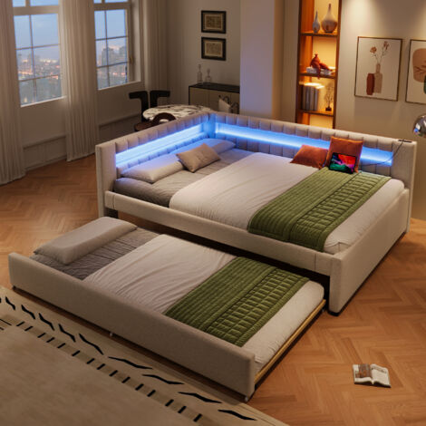 Tagesbett 140×200 cm, Doppelbett mit Verstellbarer LED, USB, Typ C und Ausziehbett, ohne Matratze, aus Leinen, Beige