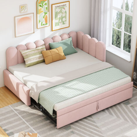 Tagesbett 90×200 cm, Einzelbett mit Ausziehbett, Rückenlehne und Kopfteil, 90×200 und 180×200 cm, ohne Matratze, Rosa