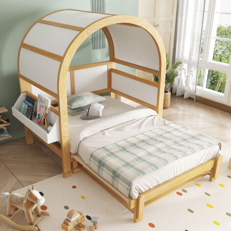 Hausbett 140×200 cm, Doppelbett mit Ausziehbett, Seitlicher Ablage und Gewölbedach, ohne Matratze, Weiß und Natur