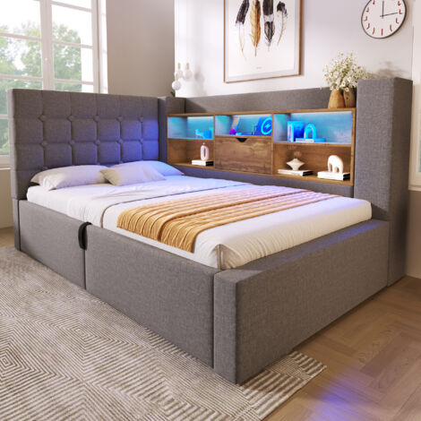 Stauraumbett 90x200 cm mit LED & hydraulischem Stauraum, Polsterbett mit L-förmigem Kopfteil, Einzelbett beidseitig montierbar, Leinenstoff, Grau Ohne Matratze (1/5)