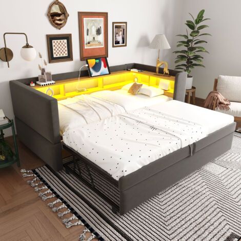 Ausziehbett 90×190 cm und 180×190 cm, Einzelbett mit LED Verstellbar, Steckdosen und Ablagefächer, ohne Matratze, Flanell, Dunkelgrau