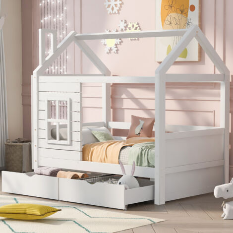 Hausbett 80×160 cm, Einzelbett mit Rausfallschutz, Fenster und 2 Schubladen, ohne Matratze, aus Kiefer, Weiß