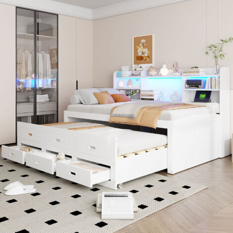 Tagesbett 90×200 cm, Einzelbett mit Verstellbarer LED, 3 Schubladen, USB, Typ C und Ablagen, ohne Matratze, Weiß