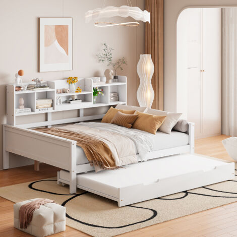 Ausziehbett 140×200 cm, Doppelbett mit Ausziehbett 90×190 cm, Stauraum und Regalfächer, ohne Matratze, Holz, Weiß