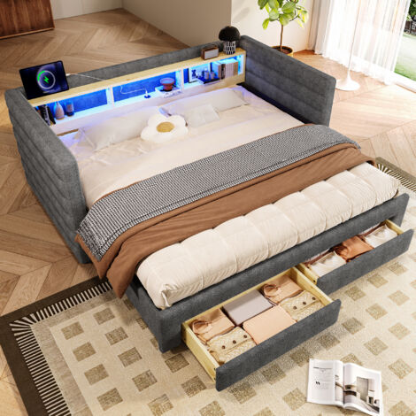 Tagesbett 90×190 cm, Einzelbett mit USB, Type C, 2 Schubladen, Fächern und LED, ohne Matratze, aus Samt, Grau