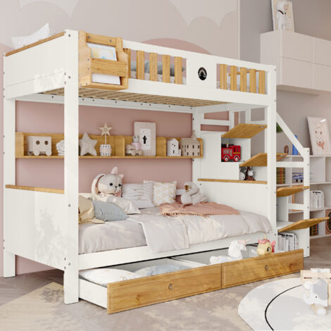 Etagenbett 90×200 cm, Einzelbett mit Stauraumtreppe, 4 Schrankfächer, 2 Schubladen und Regalfächer, ohne Matratze, Weiß Natur