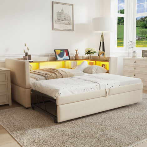 Ausziehbares Schlafsofa 90×190 cm und 180×190 cm, Einzelbett mit LED Verstellbar, Steckdosen und Fächer, ohne Matratze, Beige