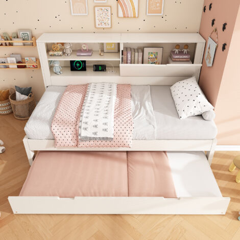 Tagesbett mit Ausziehbett Einzelbett, Stauraum, USB, Typ C, Regalfach und Klappfach, 90×190 cm, ohne Matratze, aus Holz, Weiß