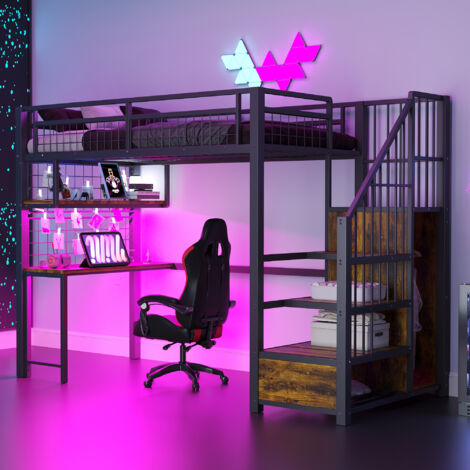 Hochbett 90×200 cm, Einzelbett mit LED Lichtleiste, Steckdosen und Regalen, ohne Matratze, aus Metall und MDF, Schwarz