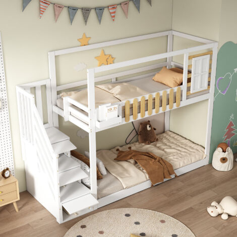 Etagenbett 90×200 cm, Einzelbett mit Treppe, 3 Staufächern und Fenster, ohne Matratze, aus Holz, Weiß und Natur (1/5)