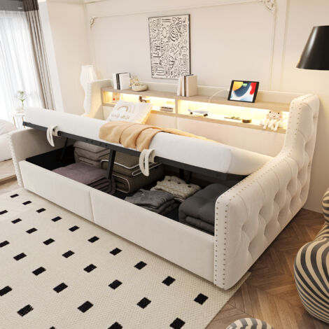 Schlafsofa Einzelbett 90×200 cm mit Hydraulischem Bettkasten, LED Verstellbar, USB und Type-C, ohne Matratze, Samt, Beige