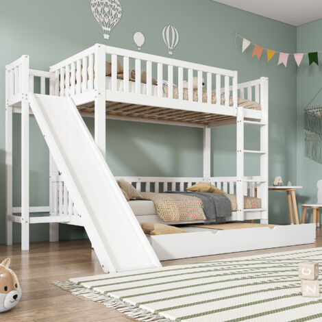 Etagenbett 90×200 cm, Bett 3 Plätze mit Ausziehbett 90×190 cm, Regale, Rutsche und Leiter, ohne Matratze, Weiß (1/5)