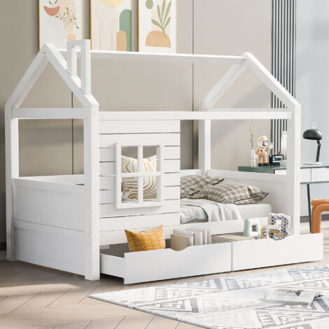 Hausbett 90×200 cm, Einzelbett mit Rausfallschutz, 2 Schubladen und Fenstern, ohne Matratze, aus Massivholz Kiefer, Weiß