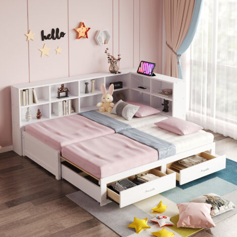 Ausziehbett 90×190 cm und 180×190 cm, Einzelbett mit Fächern, 2 Schubladen und Multifunktionssteckdose, ohne Matratze, Holz, Weiß