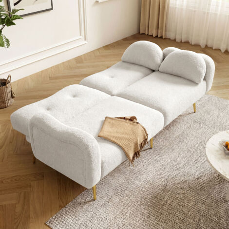 Schlafsofa 2-Sitzer, Rückenlehne 3-fach Verstellbar mit 2 Kissen, Stoff in Lammwolloptik und Schaumstoff, Weiß