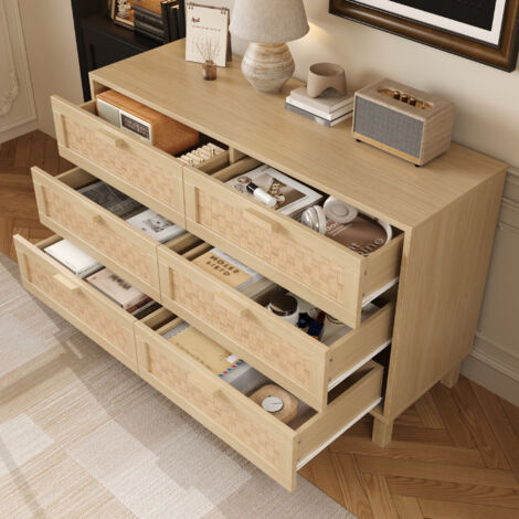 Kommode mit 6 Schubladen, Fronten in Rattanoptik, Natürlicher Stil, für Schlafzimmer oder Wohnzimmer, Spanplatte, 120 x 40 x 75 cm