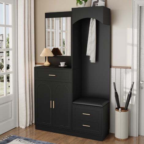 Garderobenschrank mit Spiegel, Schuhbank, Schuhschrank, verstellbaren Einlegeböden und Schubladen, Schwarz, 110 x 33 x 185.5 cm
