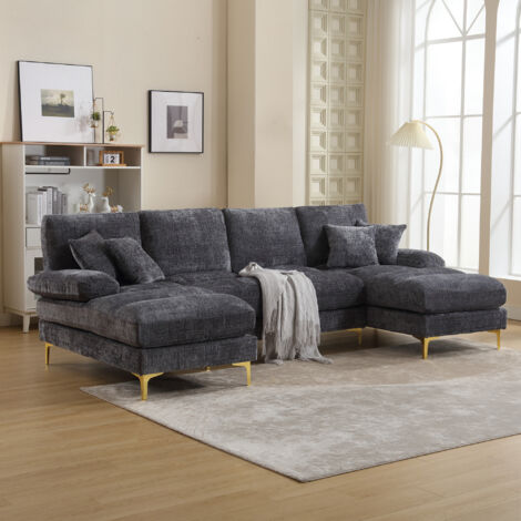 U-Form Sofa, 2 Liegeflächen mit 4 Rückenkissen und 2 Kissen, Chenille Grau, 272 x 136 x 88 cm