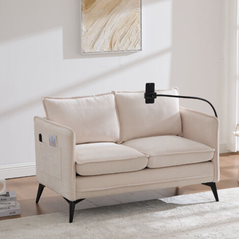 2-Sitzer Sofa mit Verstellbarer Handyhalterung und Seitentaschen, Chenille Beige, 127 × 69 × 66 cm